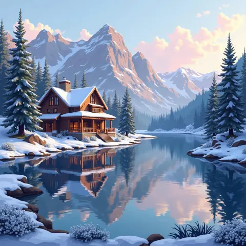 Pixel Lodge Mirrored in Serene Mountain Lake