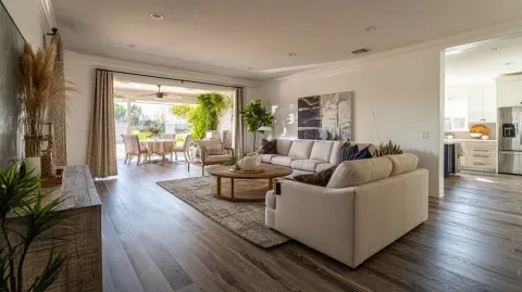 The inside of an upper-class home in the Fresno California, neutral colors, professional photograph