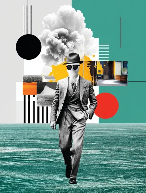 Create a modern art digital painting of a man with a head made of white smoke wearing a hat and sung