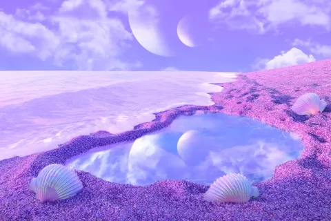 A whimsical, almost fairytale-like hidden cove where the sand is made of glittering amethyst crystal