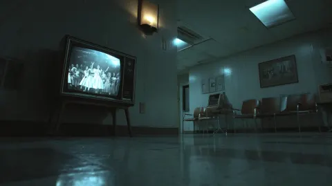 Wide shot of mental hospital horror ambience with an television mounted on side top of wall