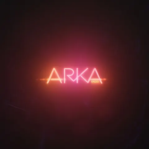 Minimal logo "ARKA" with small "radio", soft glowing warm neon pink and orange