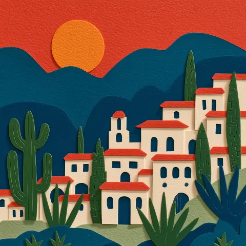 Un village dans le desert au coucher du soleil