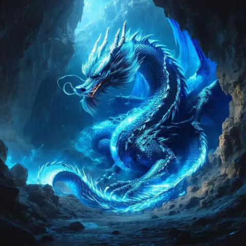 Metallic Blue Dragon Coiled in Ethereal Cavern