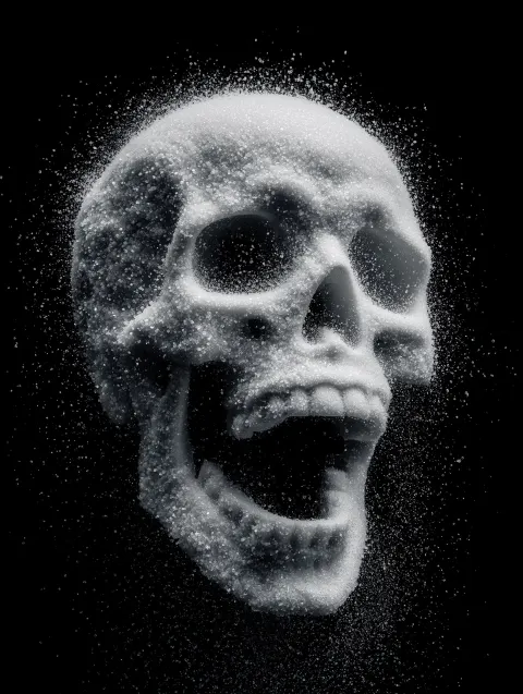 A skull, with it's mouth open, made of sugar, black background, threshold effect