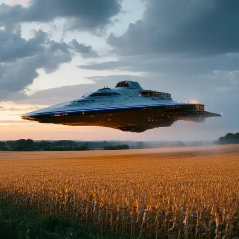 Glowing Spaceship Hovering Over Twilight Cornfields