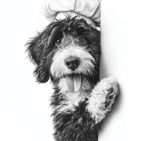 Full body of a Bernedoodle peeking from behind a vertical wall or edge with his tounge out playfully