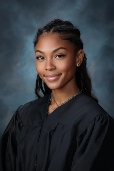Graduation headshot of young black female, high school, with the standard school picture background