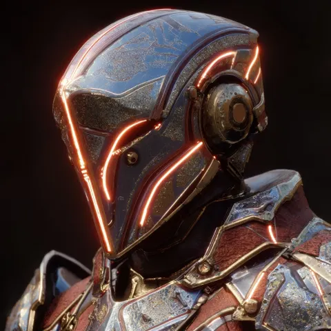 Cyber knight with code on helmet visor and layered metalic armor with glowing lines all over