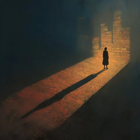 A solitary woman standing upright casting a long distorted shadow shaped like a city skyline with ma