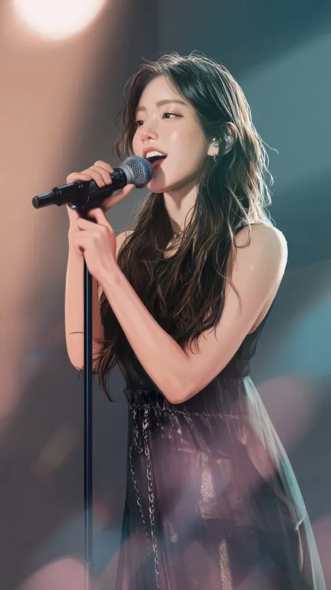 Korean female singer, vocalist, cute and attractive style, singing while holding a stand microphone
