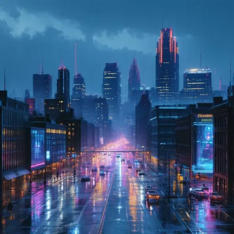 Neon Birmingham Skyline on Rain Slicked Streets
