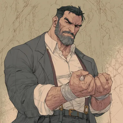In the art style of modern manga. Bold lines and soft colors. A large muscular russian man dressed i