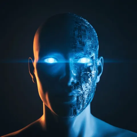Mysterious digital human face, half human half AI circuit, glowing blue eyes, dark background