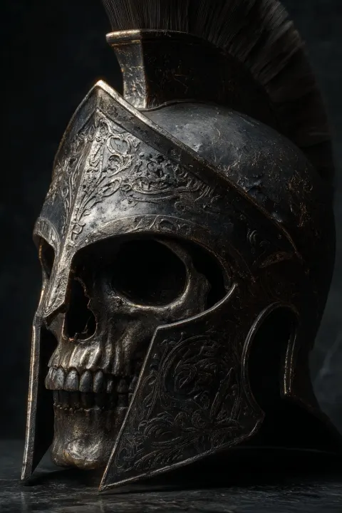 Skull in spartan type helmet, high detailed, dramatic lighting, dark background