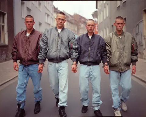 1990s, high-quality photo, young men walking down street with hands cuffed, wrists fixed together