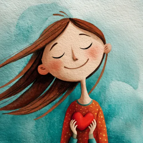 A children's book illustration of a smiling, grateful girl looking contented