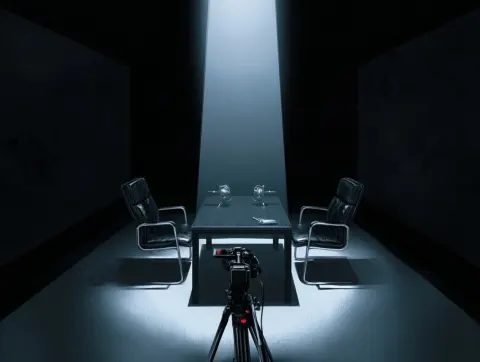 Empty Black Interview Room Under a Single Spotlight