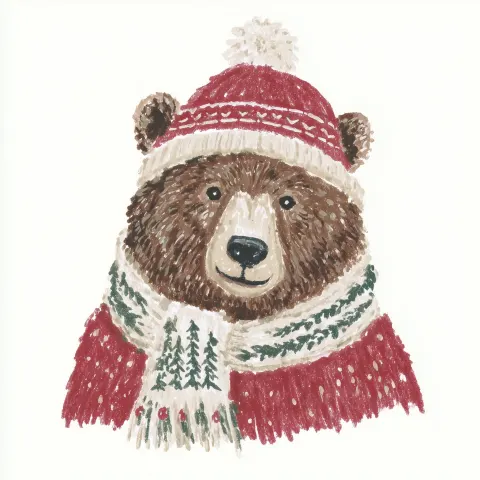 Grizzly bear wearing a knit cap and scarf, isolated on white background