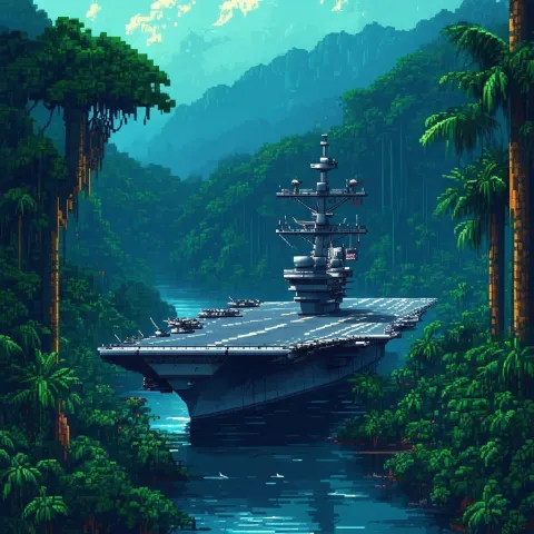 USS Nimitz Overgrown in a Pixel Jungle