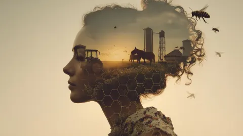 A cinematic double exposure of a latin woman in profile