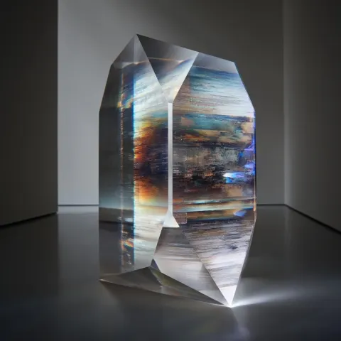 A close-up of a large, monolithic, faceted block of polished transparent resin standing in a minimal