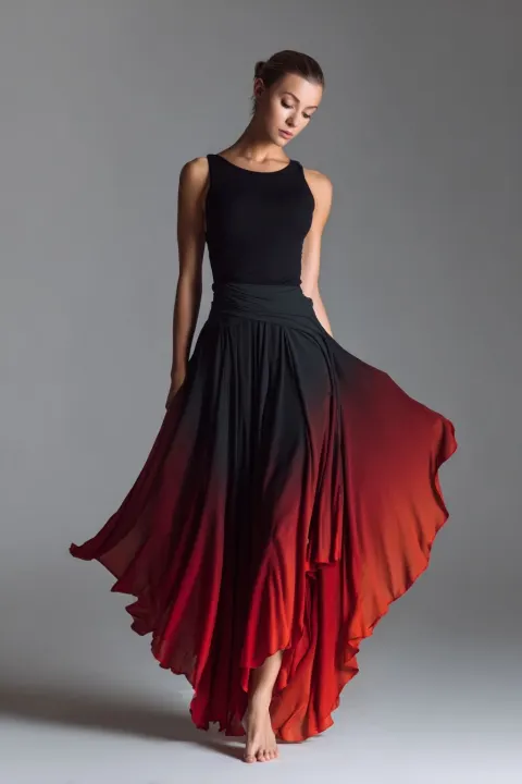 A Lightweight, slightly asymmetrical soft flowy skirt, black to ember red ombre