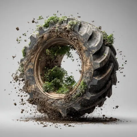 A tractor tire with Crops and Vegetation and dirt inside, spinning around