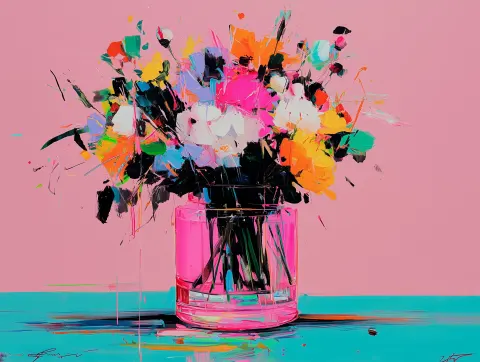 Abstract painting of a bouquet of multicolored flowers heavily splattered with paint in a clear neon