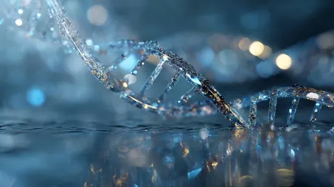 Artistic impression of a dna double helix in a futuristic tron style graphic, diamond and gold