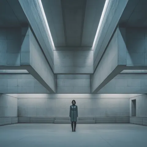 Minimalist brutalist cover art, central female subject wearing structured harness as abstract system