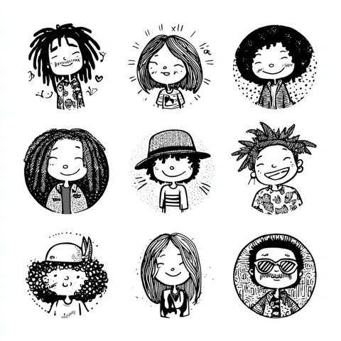 Bob Marley hand drawn doodles + line art + simple dainty+ round + cute + kawaii