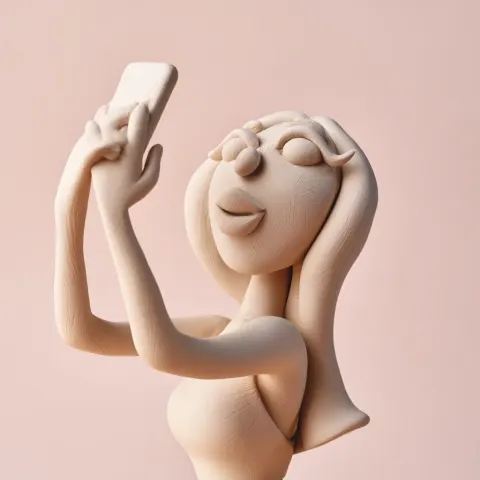 Close-up medium shot of a female influencer blogger made of plasticine