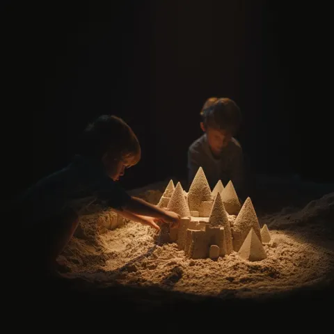 Two kids, very small children, building a sandcastle in a sandbox, a sand pit kind of a thing