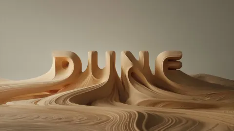 A bold typographic poster where the word "Dune" is formed entirely from flowing sand shapes