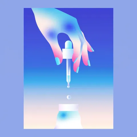 Create an illustration of a hand holding down a dropper , gradient grainy colors in blue and beige