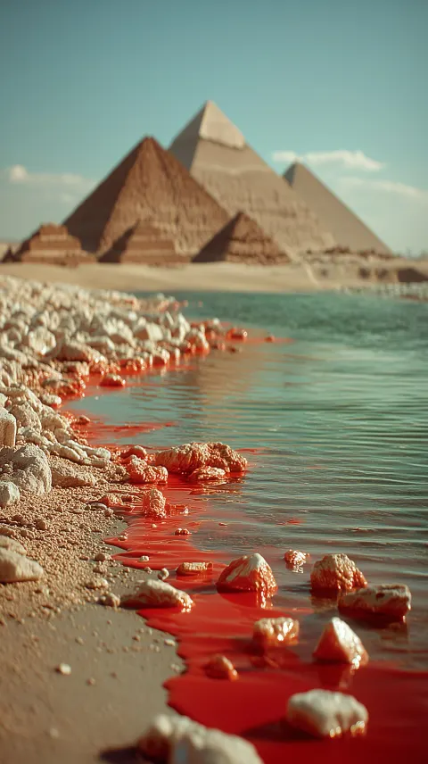 : a red river of blood between sands in desert, Egyptian Pyramids on the background