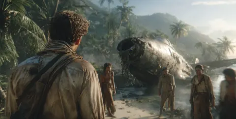 Screengrab from an adventure movie showing the main character wearing worn out khaki shirt talking t