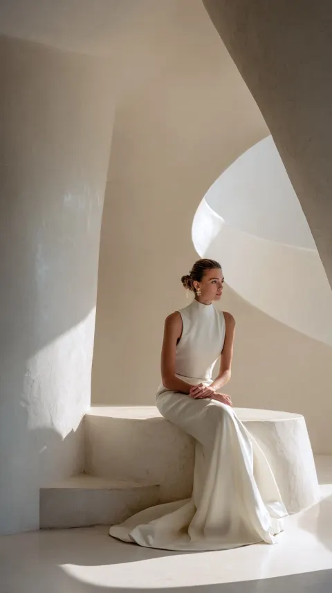 Sacred bridal fashion editorial, minimalist and timeless. A woman in a sculptural ivory or soft ston