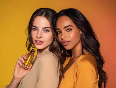 Studio photograph of beautiful handsome friends, they have a beautiful skin, brown eyes