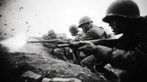 View of a line of american soldiers fighting in WW2, firing their guns, gritty