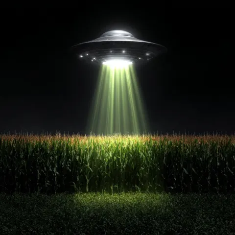 A silver flying saucer beaming a green light down onto a field of corn. The background is plain blac