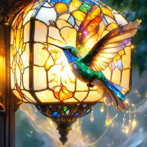 Hummingbird Circling a Glowing Stained Glass Lamp