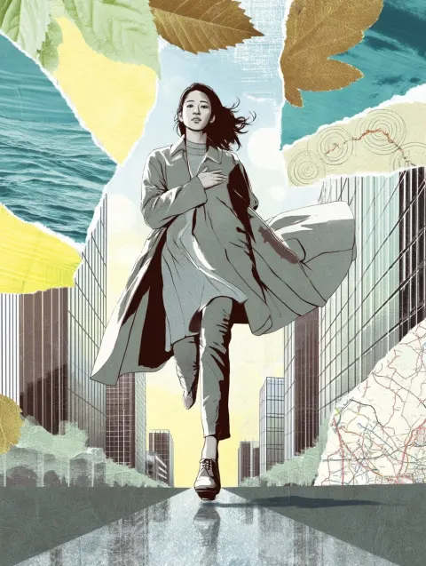 Collage-concept illustration, a stylish Japanese woman striding through a clean modern city with one