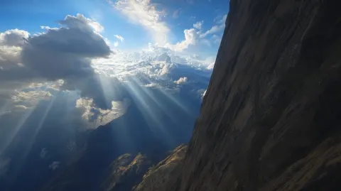 Epic divine pilgrimage, ultra wide cinematic shot, a lone pilgrim climbing a massive vertical cliff
