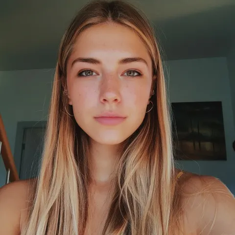 Face portrait selfie photo of blonde latin female model at home, photo by home, home selfie