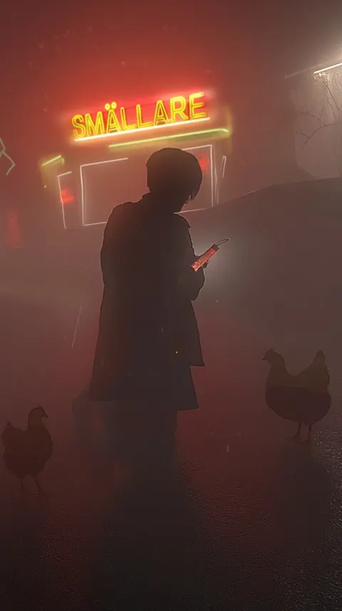 Happy chickenwoman on a cold rainy night using smal firecrackers