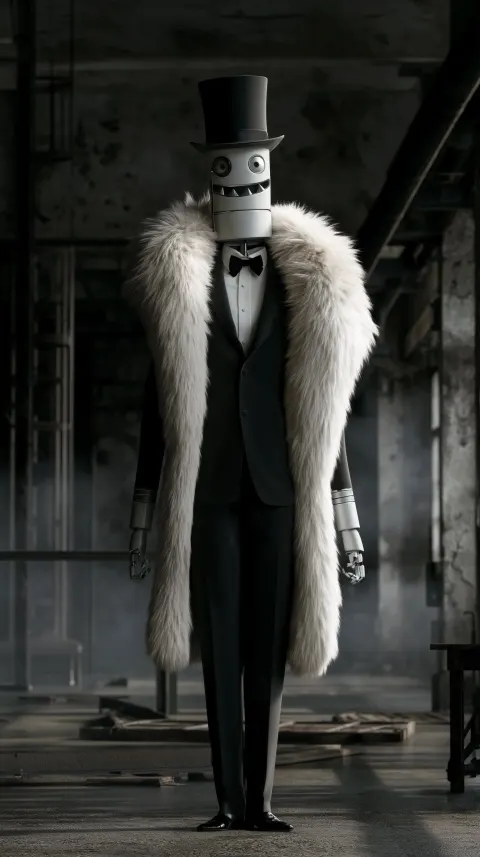 Ultra-cinematic character design, hyper-realistic rendering of a stylized retro cartoon robot. Mediu