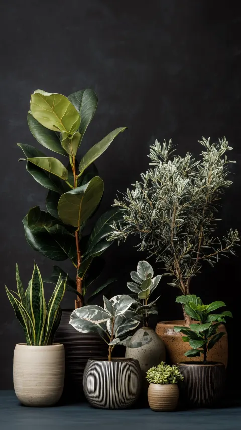 Spring 2026 trending indoor plants flat lay moodboard, fiddle leaf fig olive tree palm eucalyptus