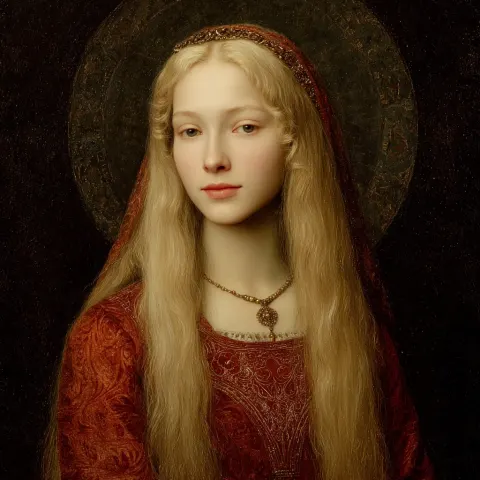 An 18-year-old woman with long blonde hair, dressed in red like a noblewoman in the Middle Ages; thi